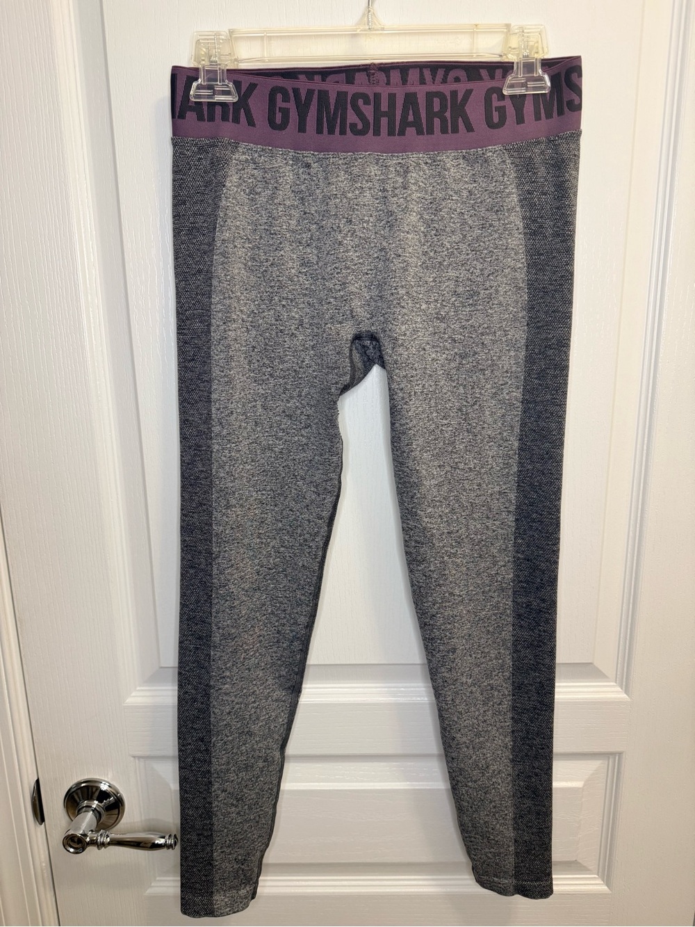 Gymshark Women’s Grey Seamless Leggings with Purple Waistband. Large